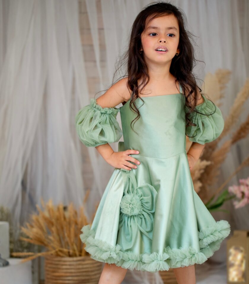 Green dress with back bow embroidery