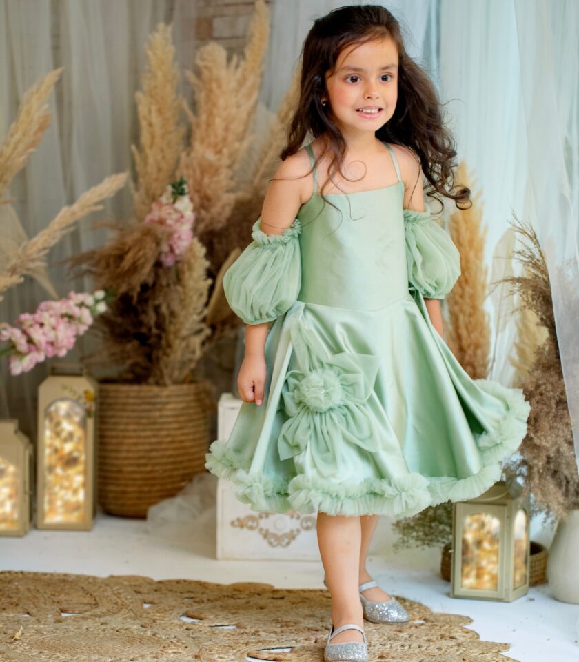 Green dress with back bow embroidery - Image 4