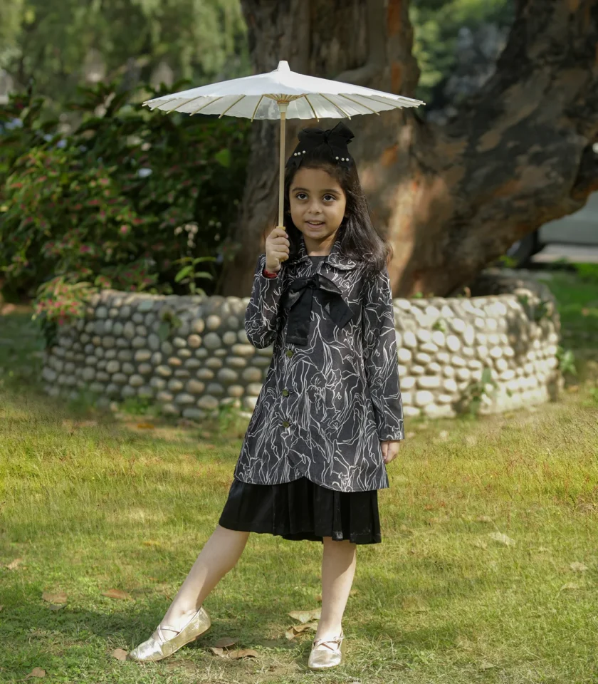 Printed Velvet Black Coat Dress - Image 2